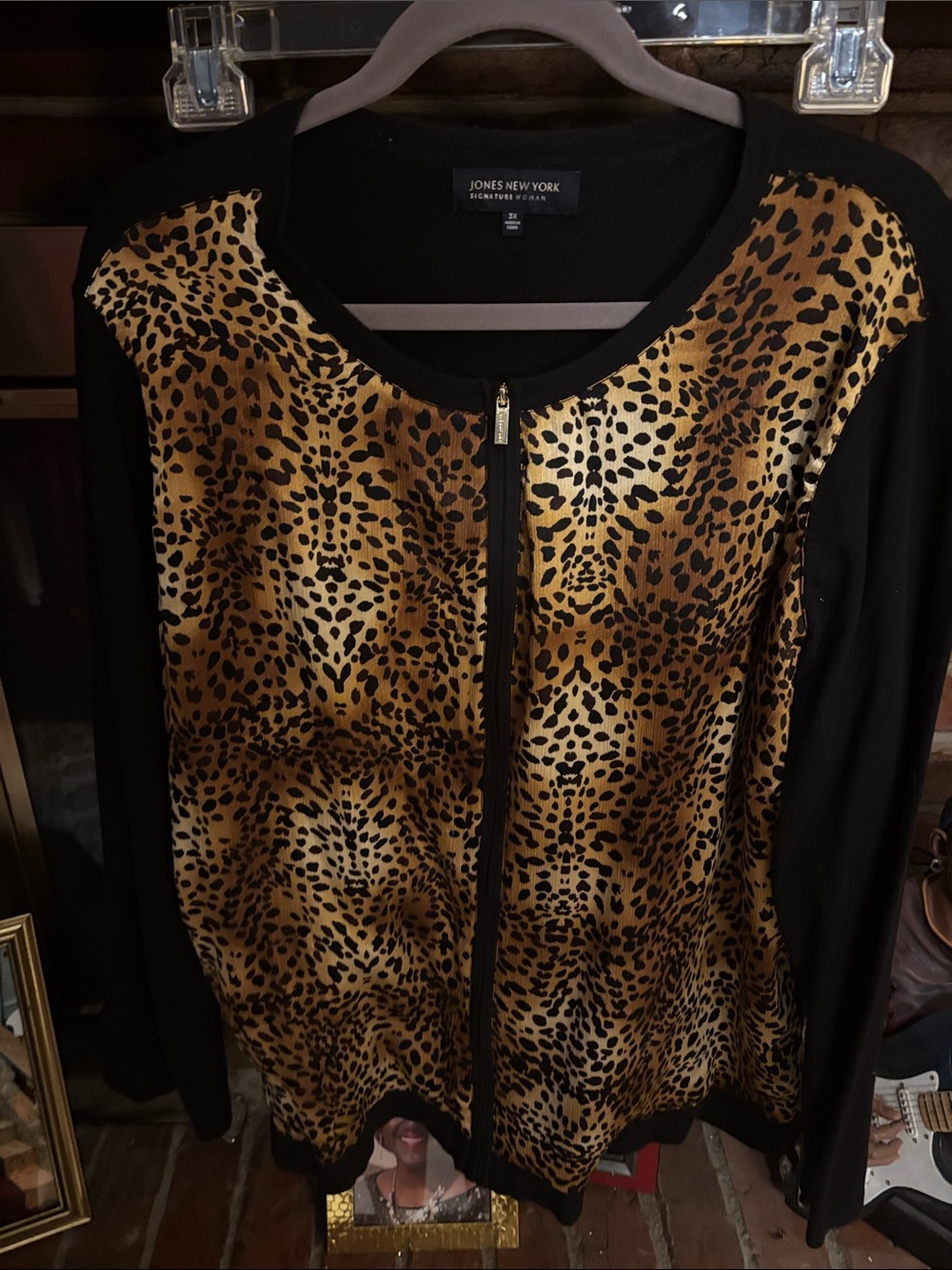 Jones New York Black and Gold Leopard Zip-Front Jacket